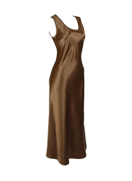 1250040 Round Neck Satin Sleeveless Suspender Dress *Brown