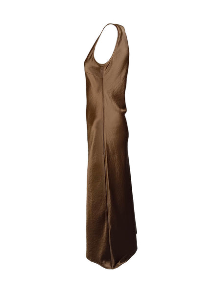 1250040 Round Neck Satin Sleeveless Suspender Dress *Brown