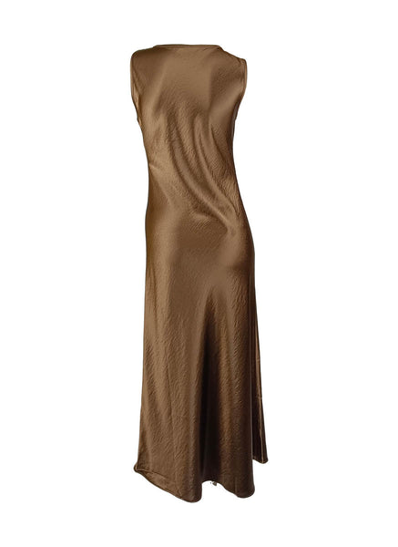 1250040 Round Neck Satin Sleeveless Suspender Dress *Brown