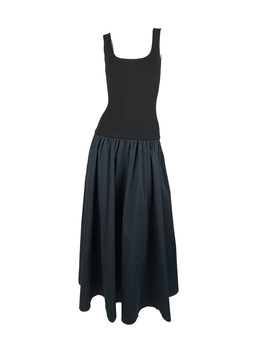 1250041 Square Neck Contrast Color Sleeveless Dress *Black