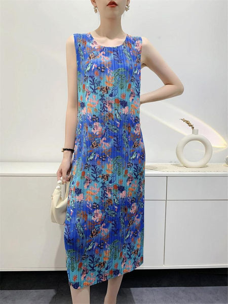 N240010 Floral Printed Sleeveless Pleats Dress *Blue