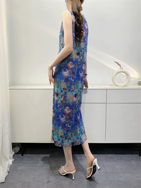 N240010 Floral Printed Sleeveless Pleats Dress *Blue