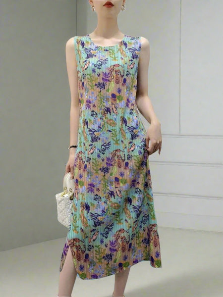 N240010 Floral Printed Sleeveless Pleats Dress *Green