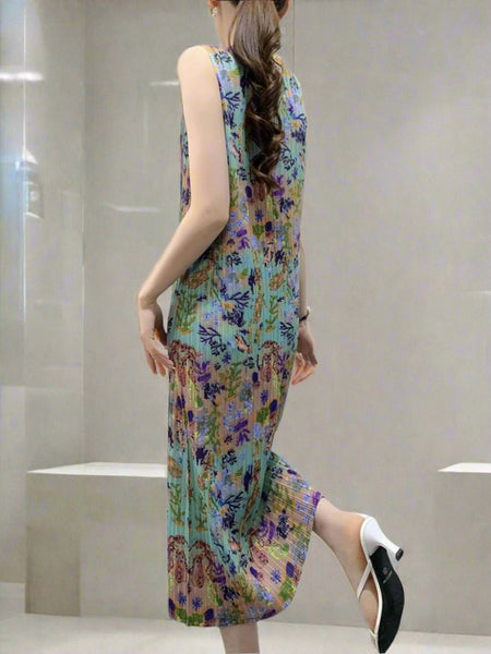 N240010 Floral Printed Sleeveless Pleats Dress *Green