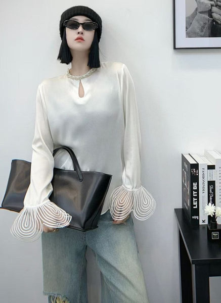 3250008 Round Neck Long Sleeve Silk Top *White