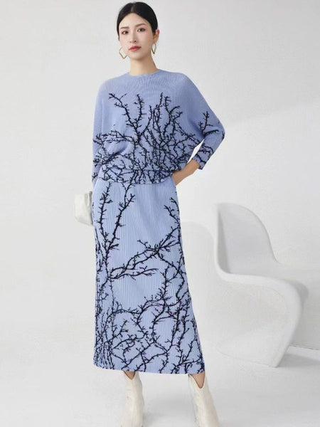 N240016 Printed Pleats Long Sleeve Top & Skirt Set *Blue