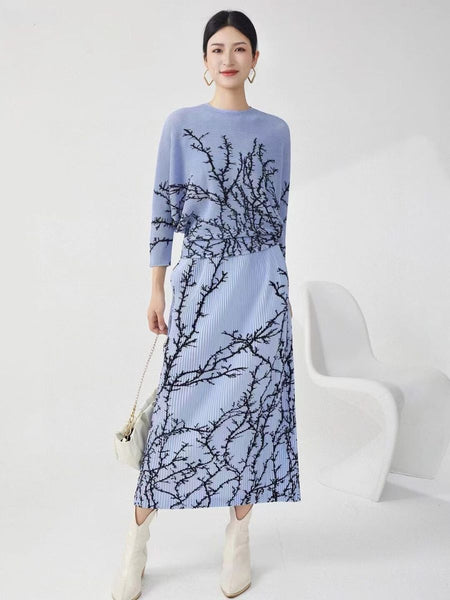 N240016 Printed Pleats Long Sleeve Top & Skirt Set *Blue