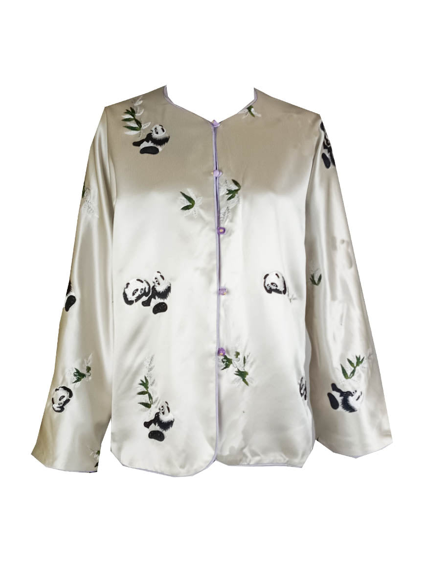 2240012 Reversible Panda Embroidered Silk Jacket *White