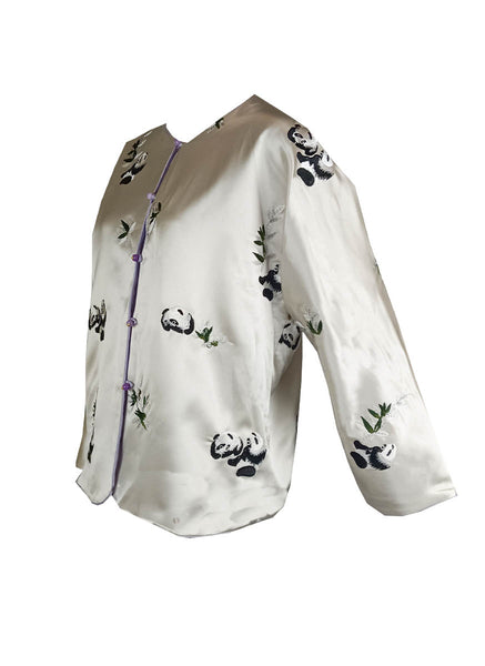 2240012 Reversible Panda Embroidered Silk Jacket *White