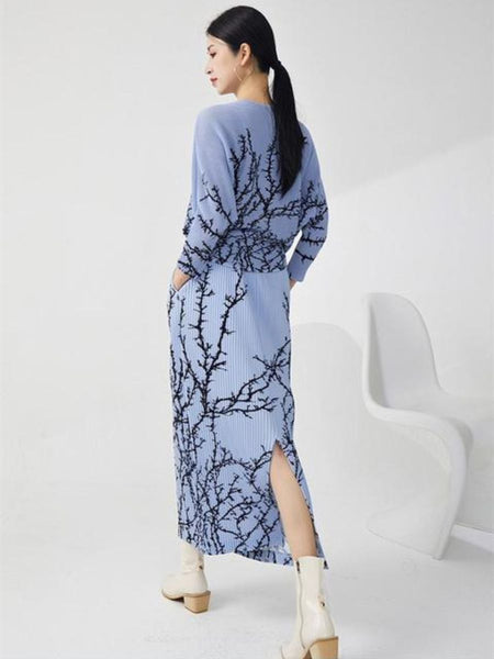 N240016 Printed Pleats Long Sleeve Top & Skirt Set *Blue