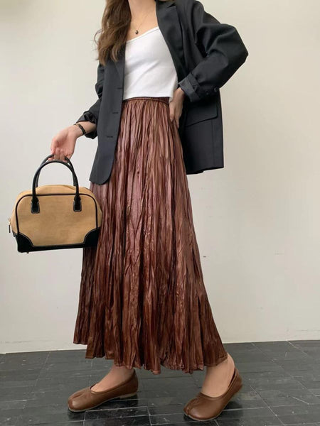 N240019 Irregular Pleated Printed Long Skirt *Brown