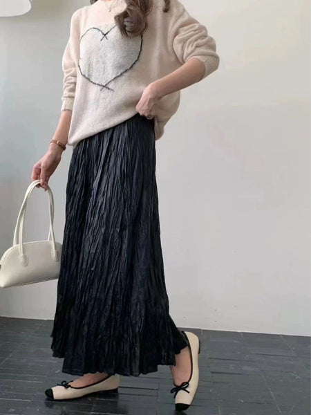 N240019 Irregular Pleated Printed Long Skirt *Black