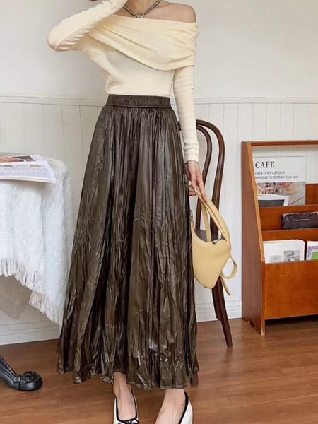 N240019 Irregular Pleated Printed Long Skirt *Dark Brown