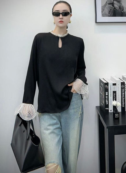 3250008 Round Neck Long Sleeve Silk Top *Black