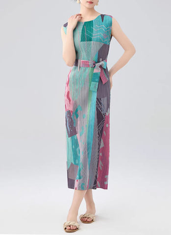 3240006 Mixed Color Pleated Dress *Green