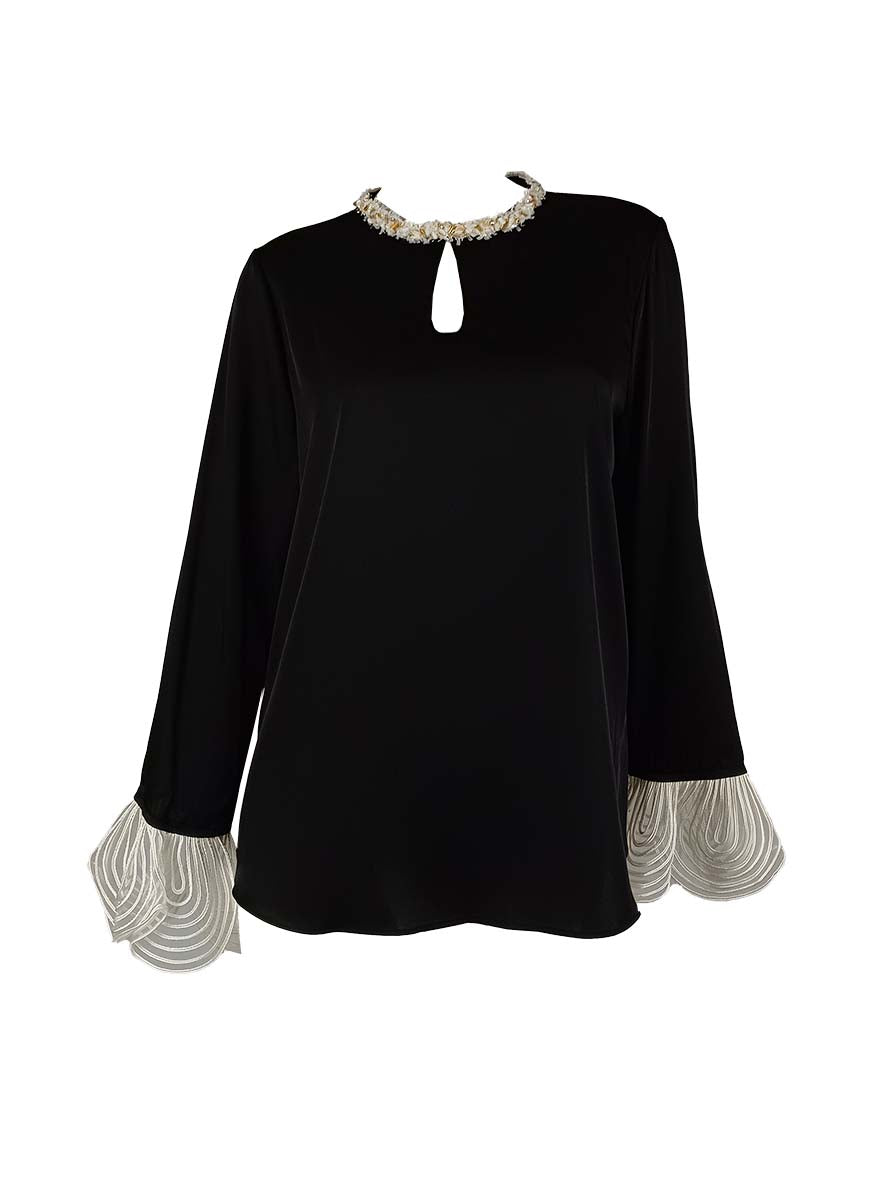 3250008 Round Neck Long Sleeve Silk Top *Black