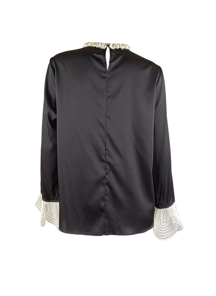 3250008 Round Neck Long Sleeve Silk Top *Black