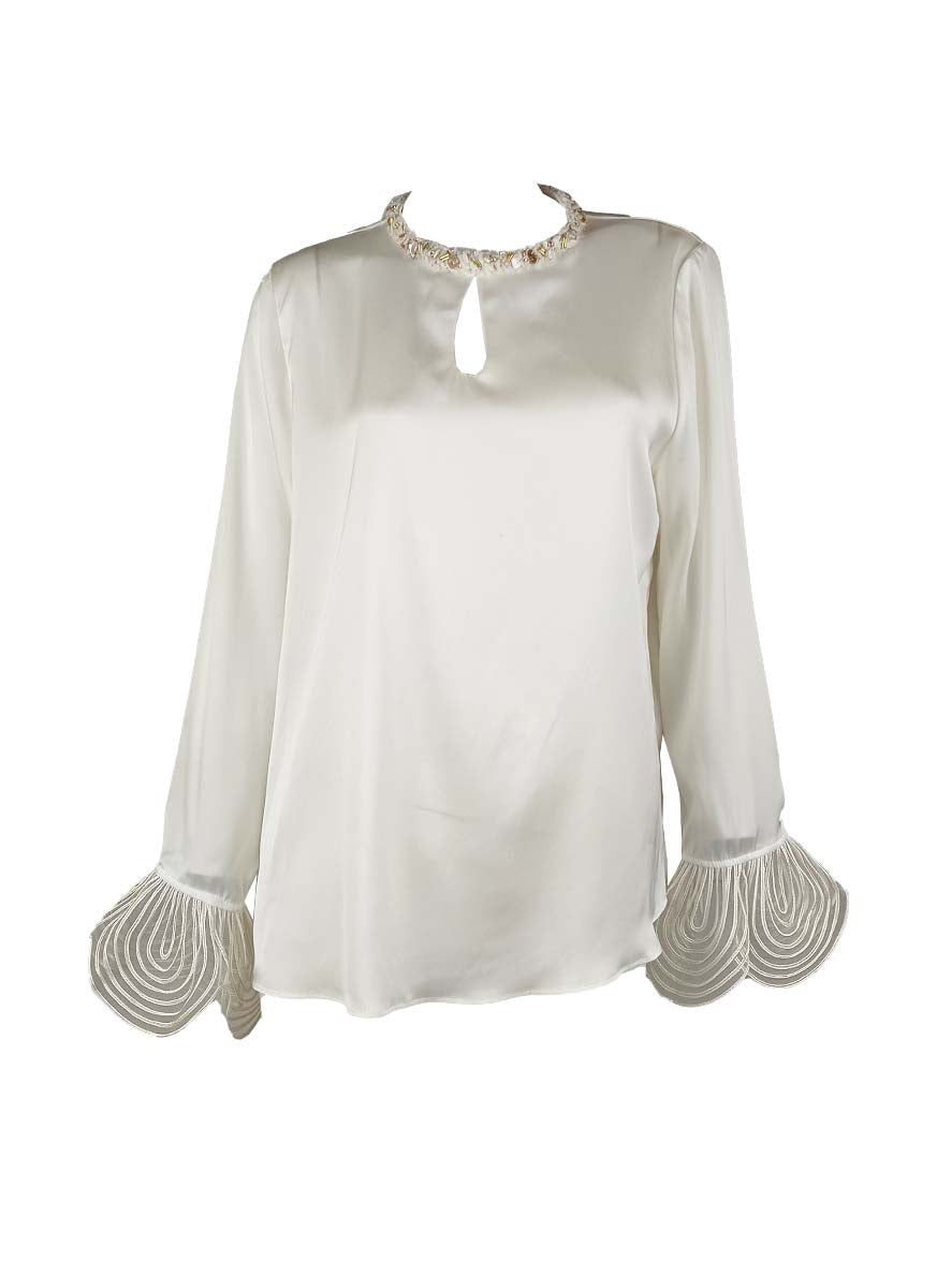 3250008 Round Neck Long Sleeve Silk Top *White