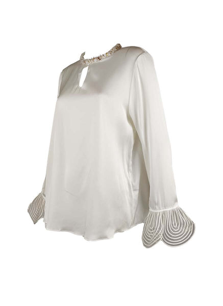 3250008 Round Neck Long Sleeve Silk Top *White