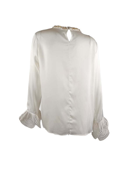 3250008 Round Neck Long Sleeve Silk Top *White