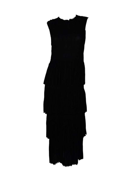 3250018 Round Neck Sleeveless Ruffles Pleated Dress *Black