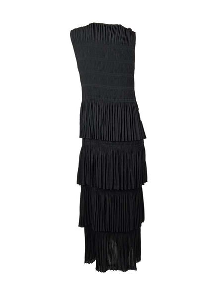 3250018 Round Neck Sleeveless Ruffles Pleated Dress *Black