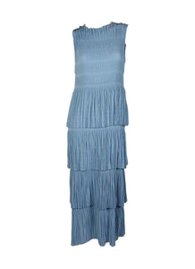 3250018 Round Neck Sleeveless Ruffles Pleated Dress *Blue