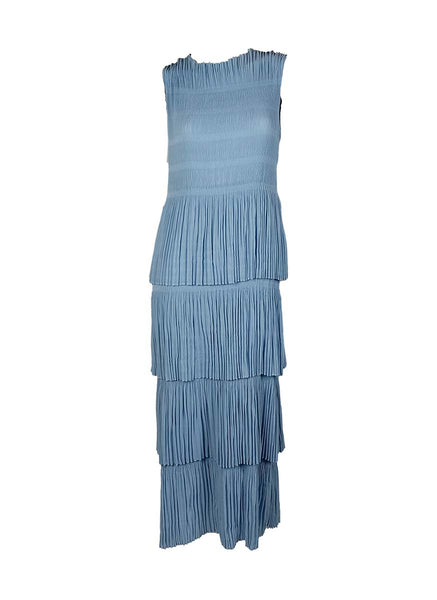 3250018 Round Neck Sleeveless Ruffles Pleated Dress *Blue