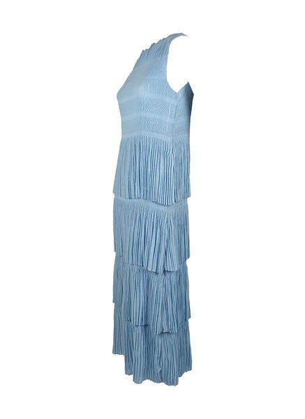 3250018 Round Neck Sleeveless Ruffles Pleated Dress *Blue