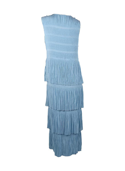 3250018 Round Neck Sleeveless Ruffles Pleated Dress *Blue