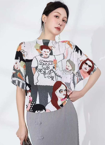 3250021 Anime Printed Short Sleeved Pleats Top