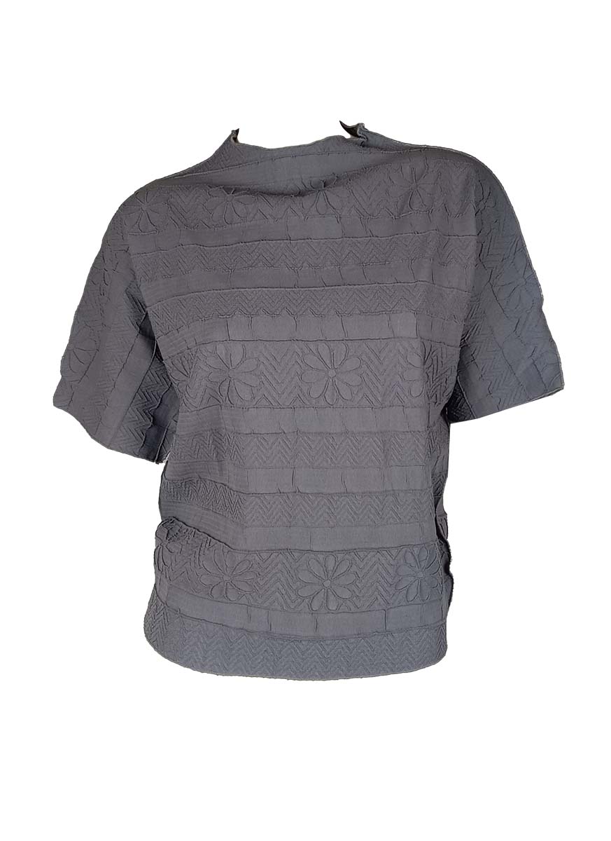 3250025 Round Neck Short Sleeved Pleats Top *Grey
