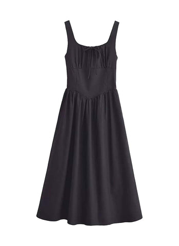 3250034 Square Neck Linen Flare Dress *Black