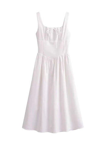 3250034 Square Neck Linen Flare Dress *White