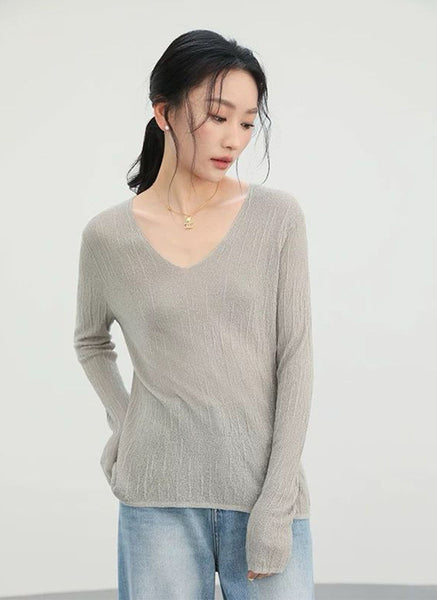3250044 V-Neck Long Sleeve Knitted Top *Grey