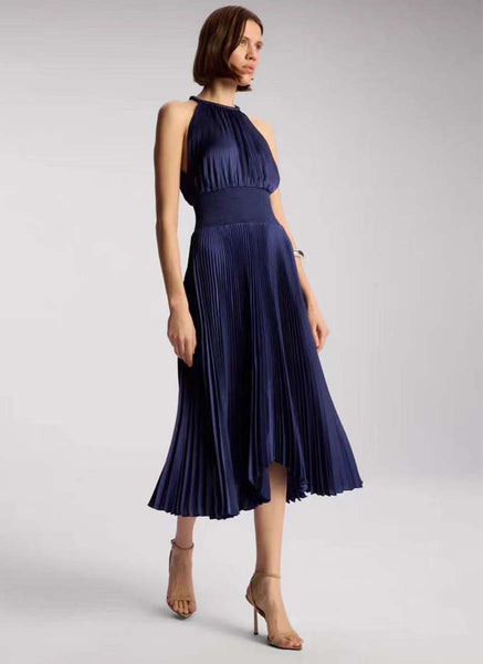 3250051 Halter Neck Tight Waist Pleated Dress *Preorder