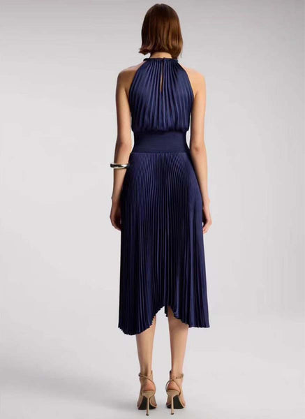 3250051 Halter Neck Tight Waist Pleated Dress *Preorder