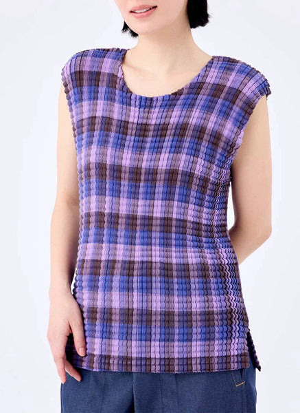 3250082 Outer High Collar Sleeveless Pleats Top *Purple