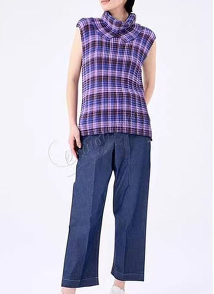 3250082 Outer High Collar Sleeveless Pleats Top *Purple