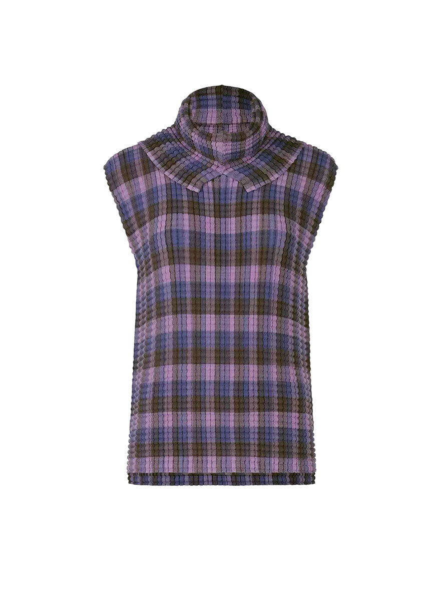 3250082 Outer High Collar Sleeveless Pleats Top *Purple