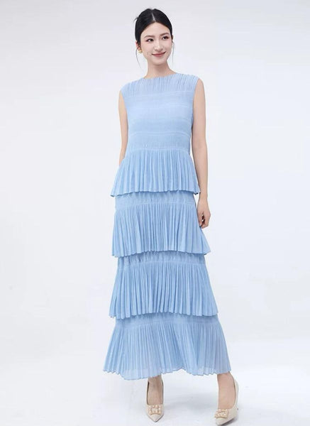 3250018 Round Neck Sleeveless Ruffles Pleated Dress *Blue