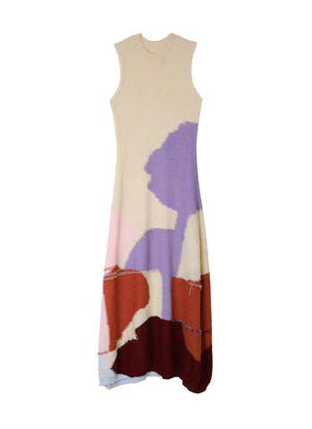 4240022 Knitted Patchwork Sleeveless Dress *Cream