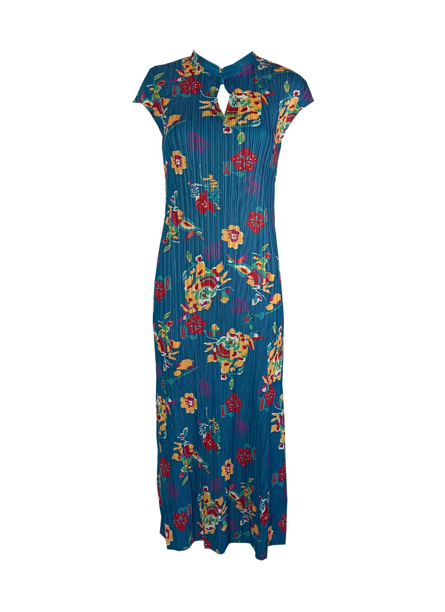 4240033 Mandarin Collar Floral Printed Pleated Dress *Blue