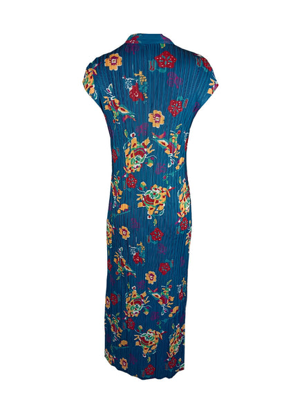 4240033 Mandarin Collar Floral Printed Pleated Dress *Blue