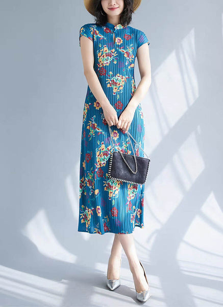 4240033 Mandarin Collar Floral Printed Pleated Dress *Blue