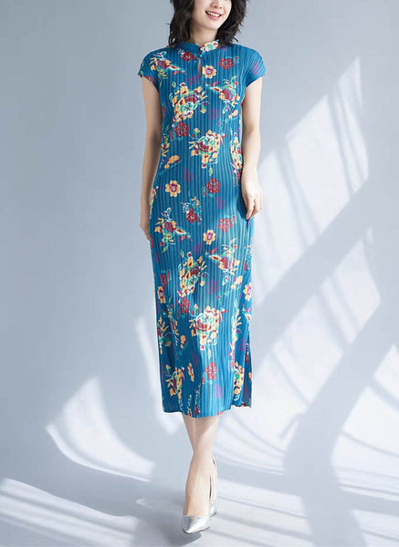 4240033 Mandarin Collar Floral Printed Pleated Dress *Blue