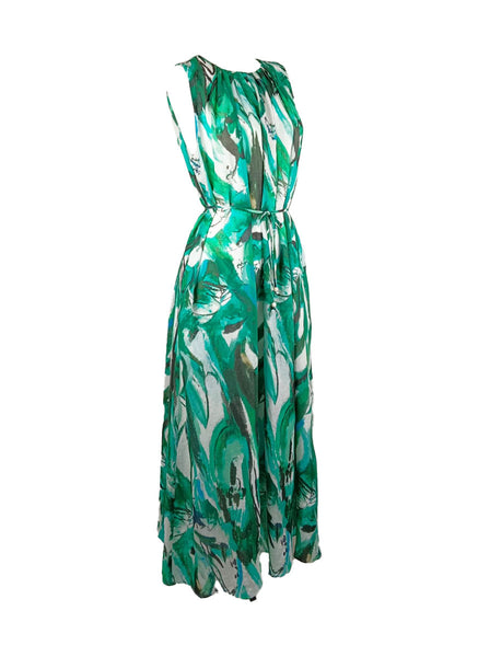 4250018 Round Neck Waist Tie Sleeveless Ramie Dress *Blue
