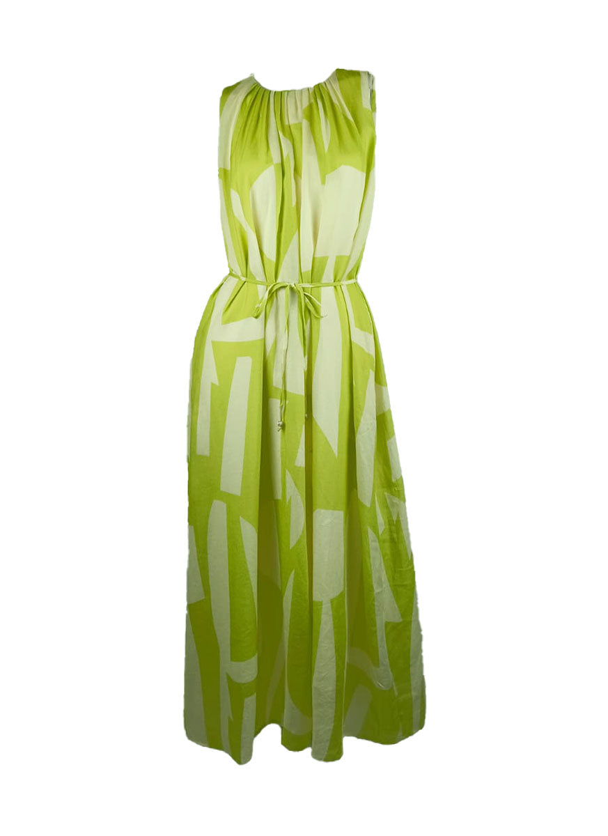 4250018 Round Neck Waist Tie Sleeveless Ramie Dress *Green