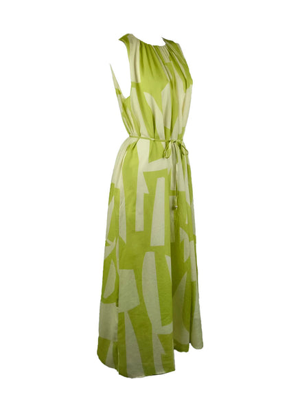 4250018 Round Neck Waist Tie Sleeveless Ramie Dress *Green