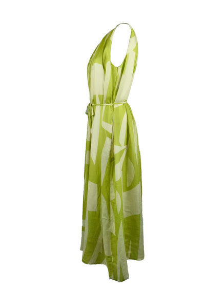 4250018 Round Neck Waist Tie Sleeveless Ramie Dress *Green